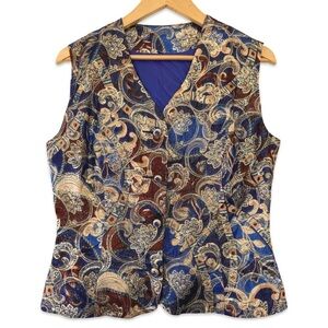 Vintage Tapestry paisley fancy metallic Vest Unisex blue and gold